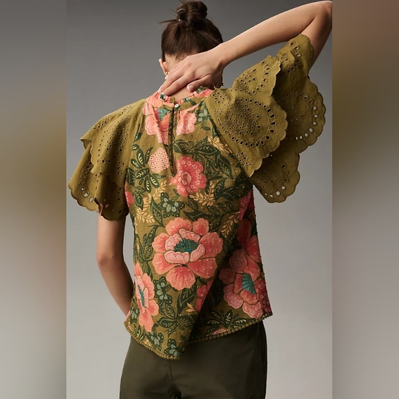 Anthropologie x FARM RIO Eyelet Short Sleeve Blouse Top Embroidered XS NEW - Picture 3 of 6